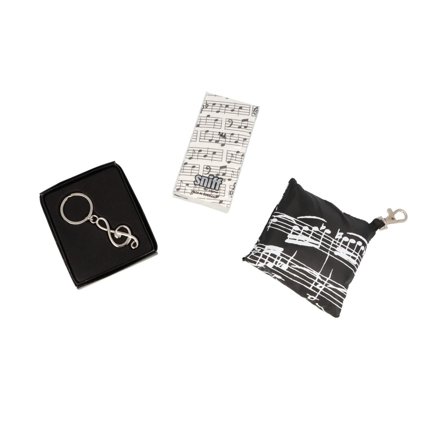 Gift set with shaped keychain, tissues and shopping bag