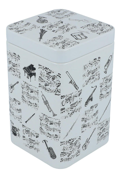 Tea/coffee tin with music notes and instruments print