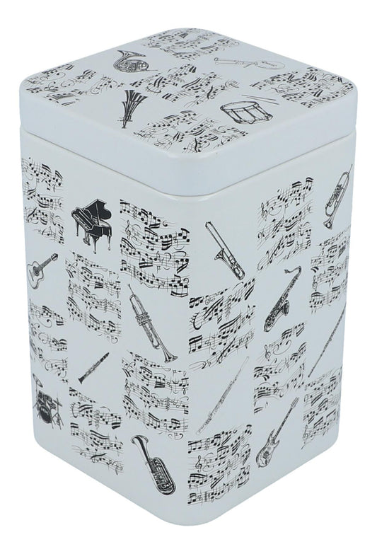 Tea/coffee tin with music notes and instruments print