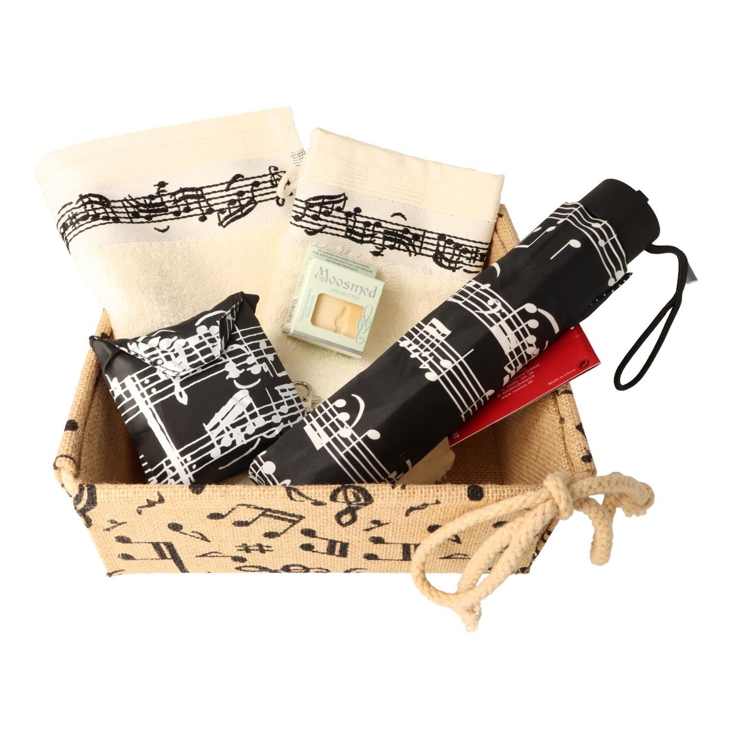 Gift set with guest towel, washcloth, soap, mini umbrella and folding bag in jute box