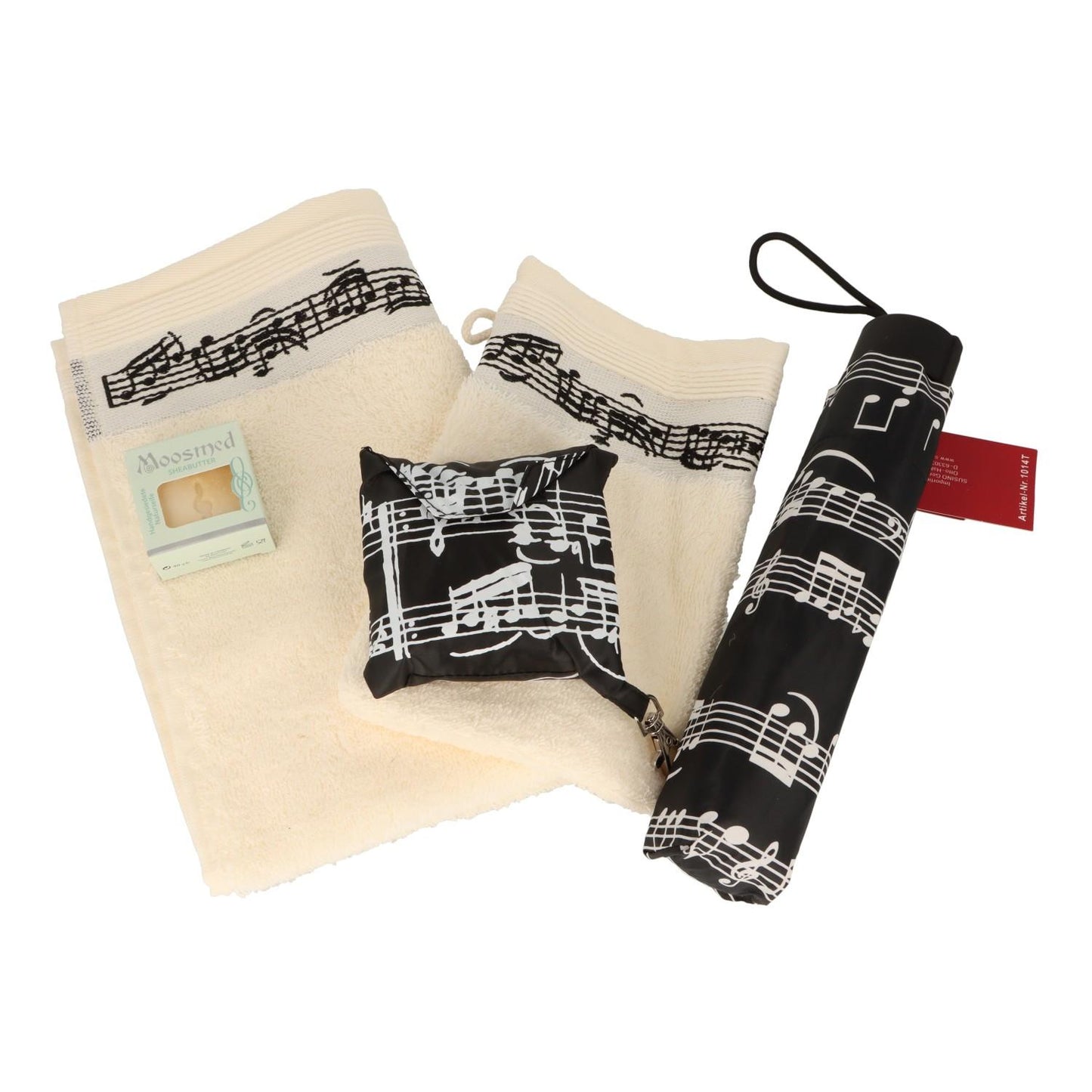 Gift set with guest towel, washcloth, soap, mini umbrella and folding bag in jute box