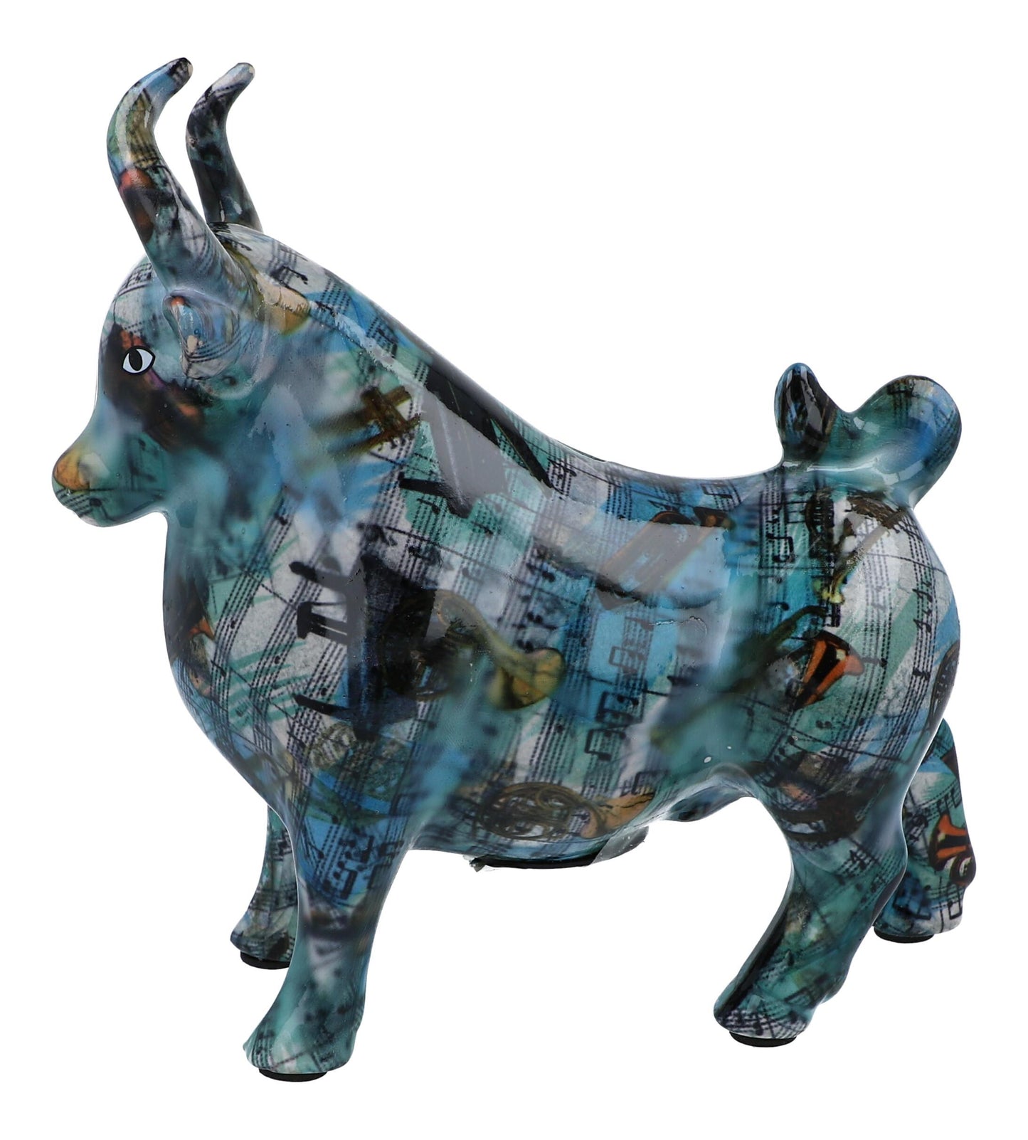 Taurus ceramic money box with music lines, blue