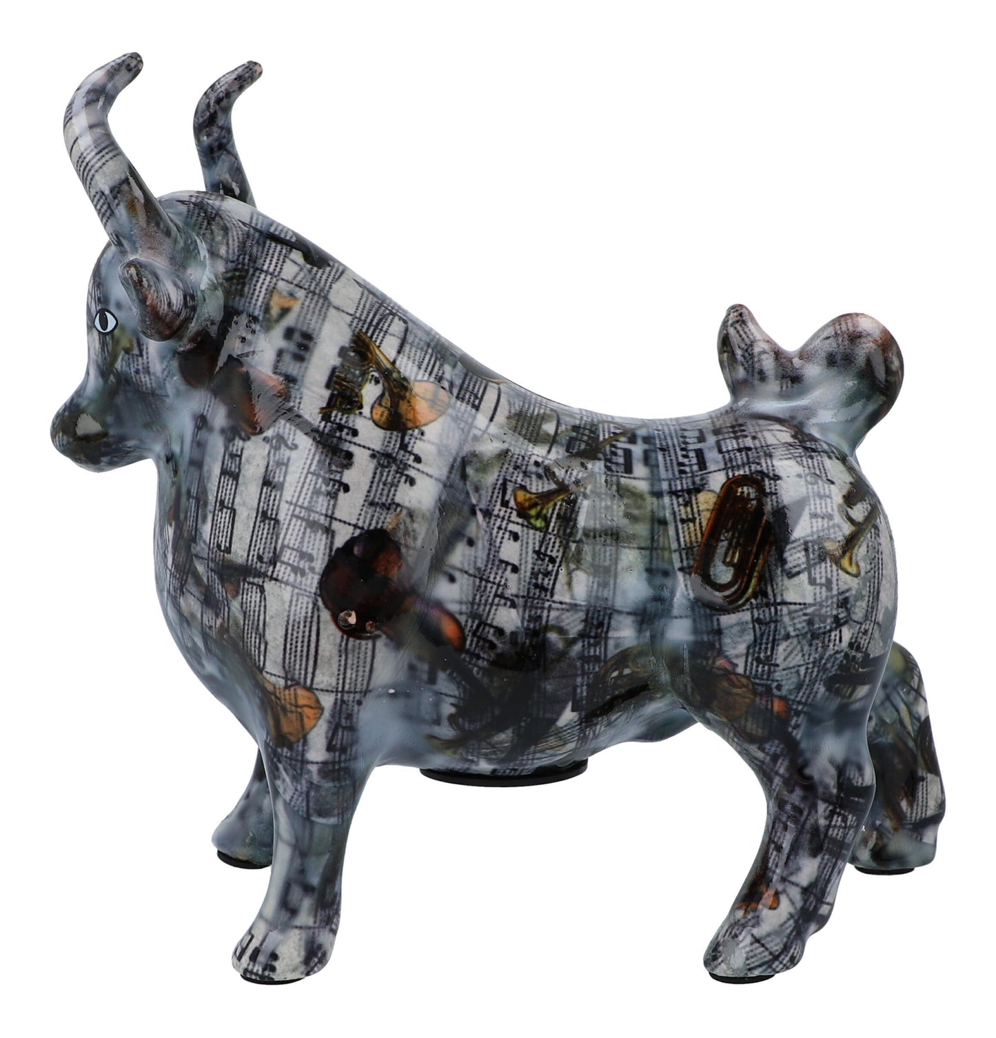 Stier-Keramik-Spardose mit Notenlinien, blau, schwarz