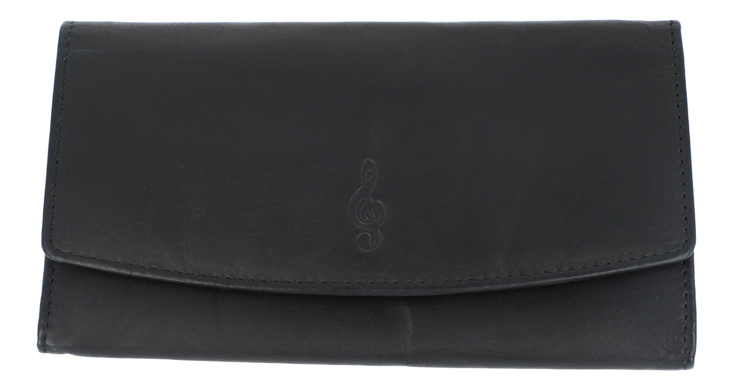 black leather wallet in wide format with embossed treble clef