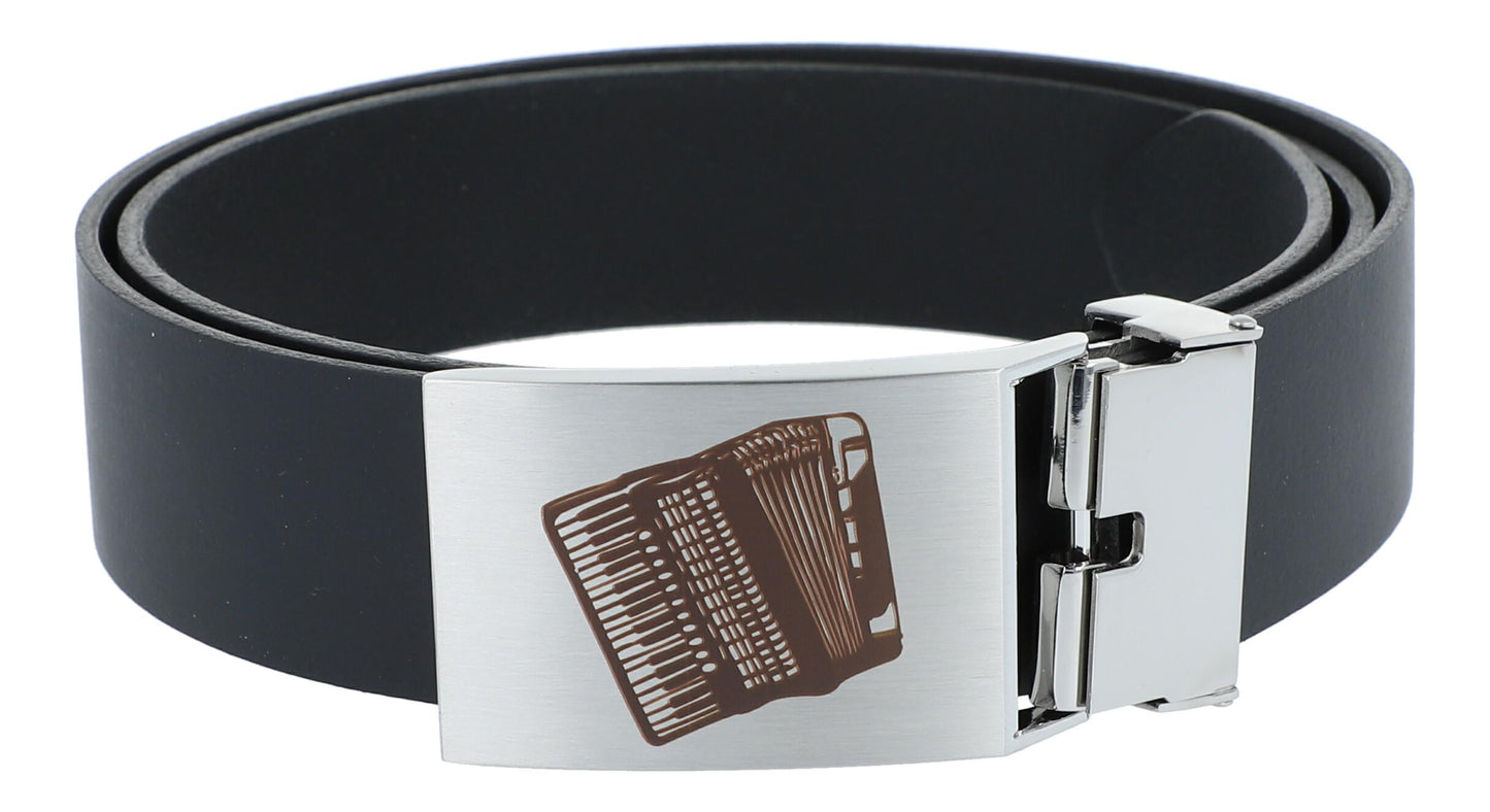 Leather belt and buckle with various instruments