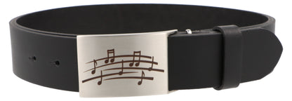 Leather belt and buckle with various instruments and musical motifs