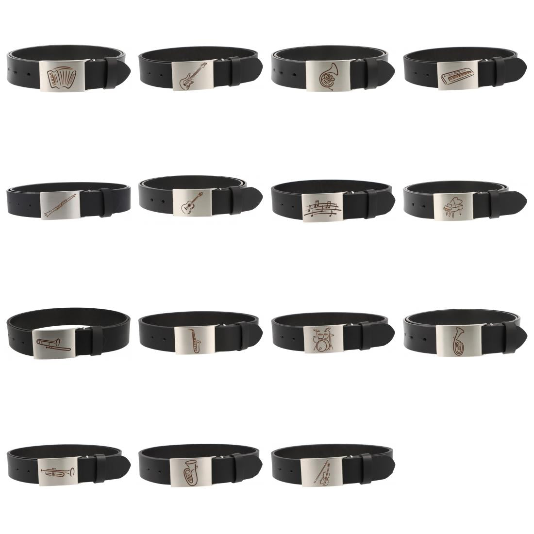 Ledergürtel und Schließe mit diversen Instrumenten und musikalischen Motiven