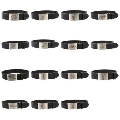 Ledergürtel und Schließe mit diversen Instrumenten und musikalischen Motiven