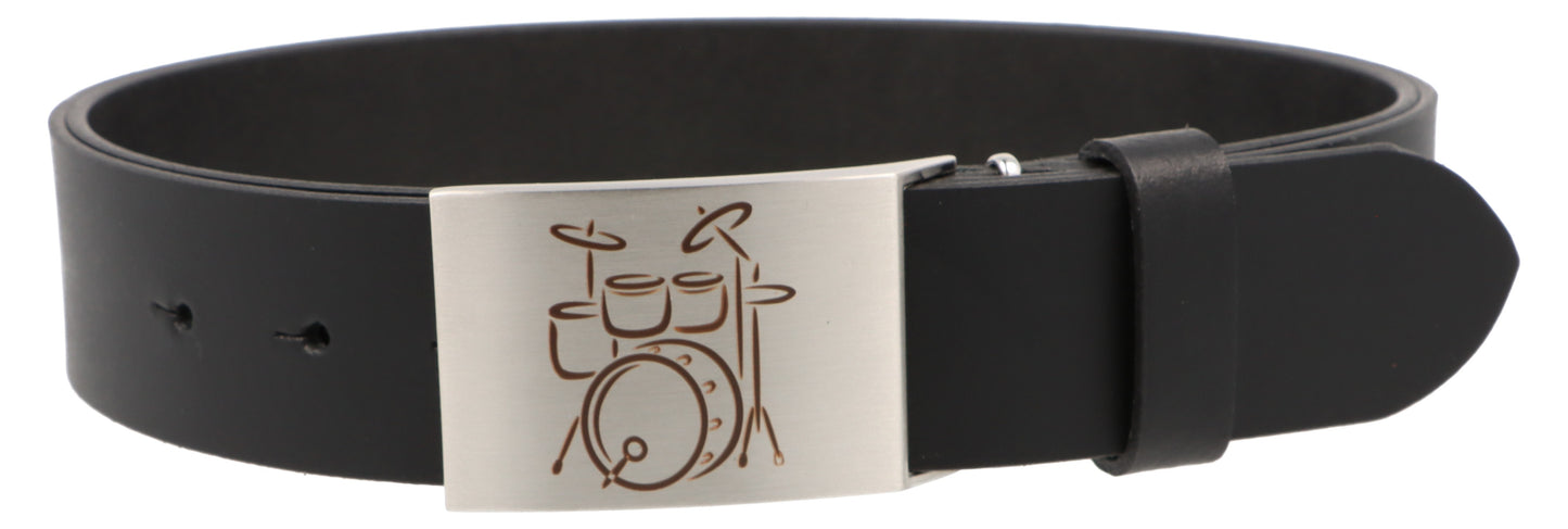 Leather belt and buckle with various instruments and musical motifs