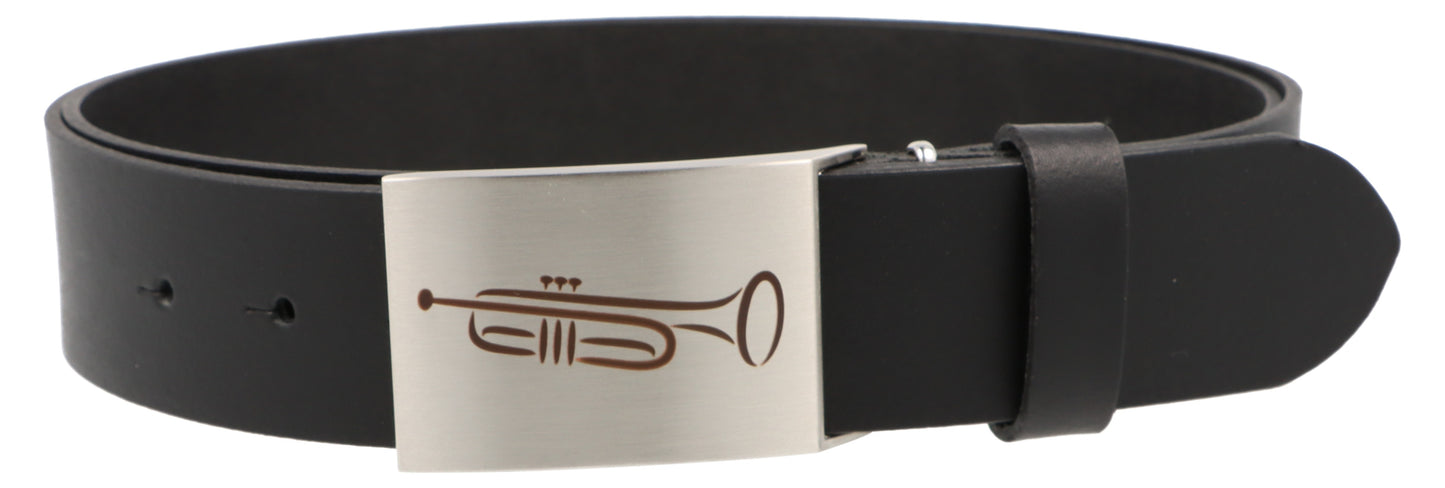 Leather belt and buckle with various instruments and musical motifs