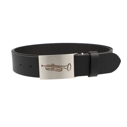Leather belt and buckle with various instruments and musical motifs