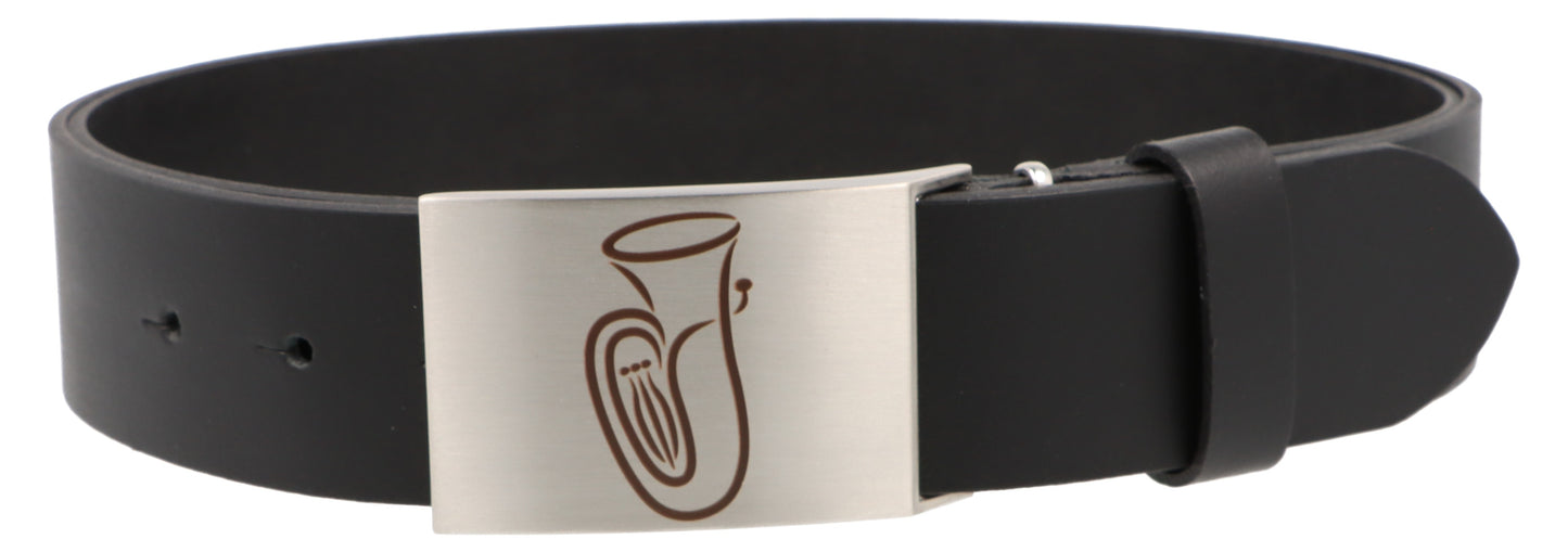 Leather belt and buckle with various instruments and musical motifs