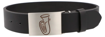 Leather belt and buckle with various instruments and musical motifs