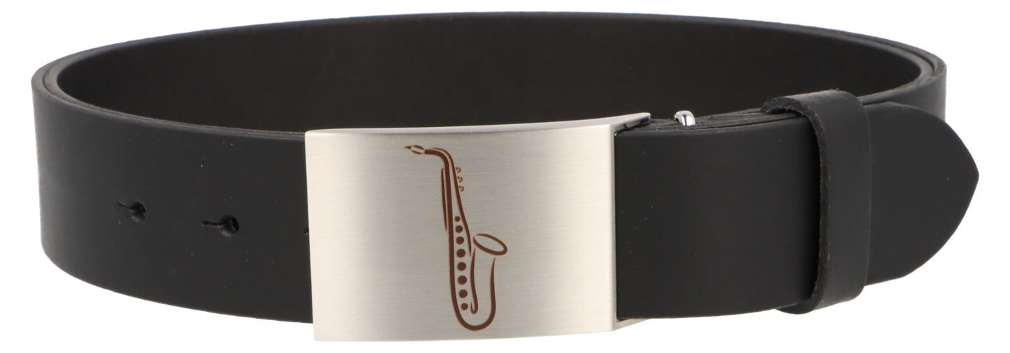 Leather belt and buckle with various instruments and musical motifs