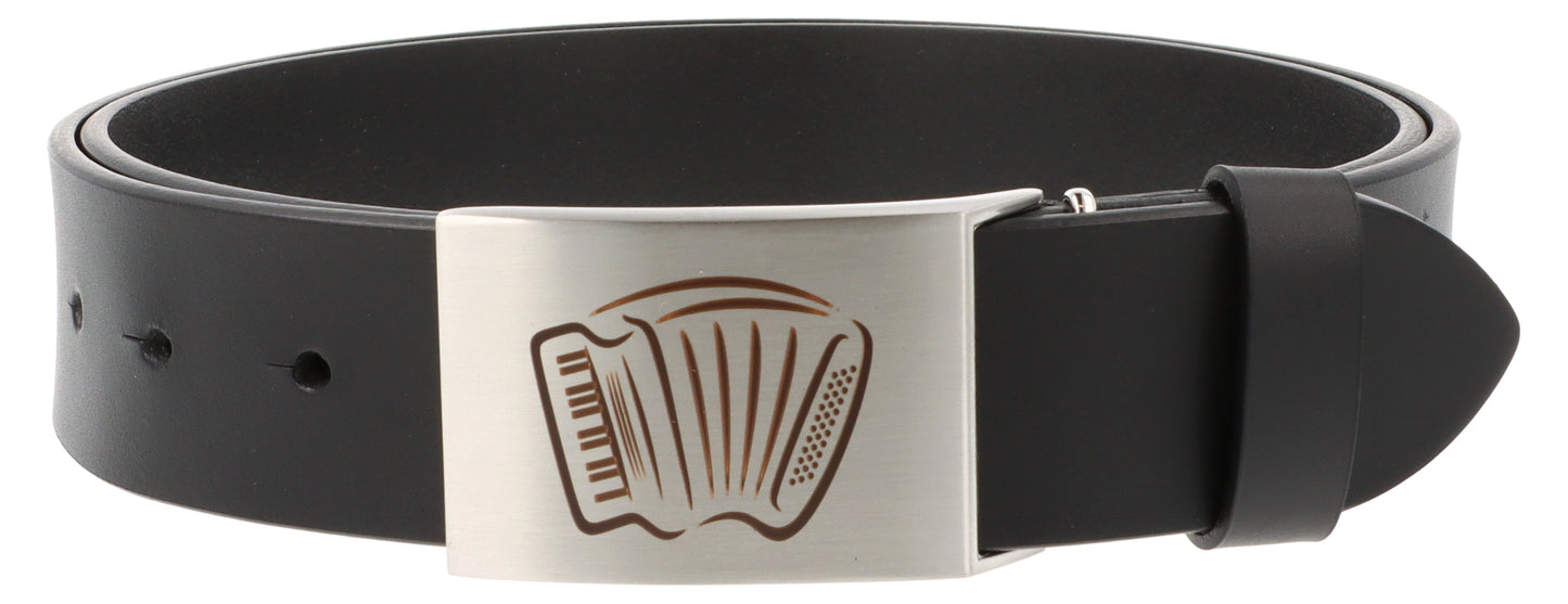 Leather belt and buckle with various instruments and musical motifs