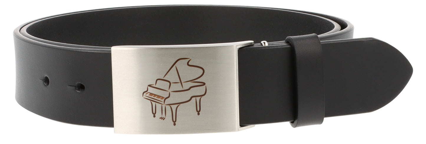 Leather belt and buckle with various instruments and musical motifs