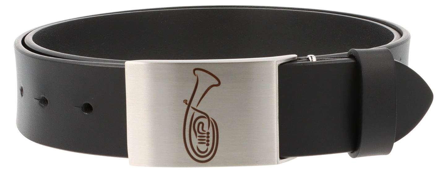 Leather belt and buckle with various instruments and musical motifs