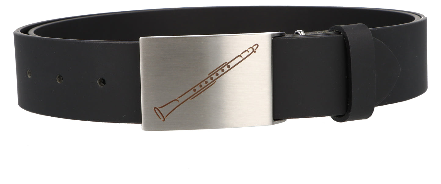 Leather belt and buckle with various instruments and musical motifs