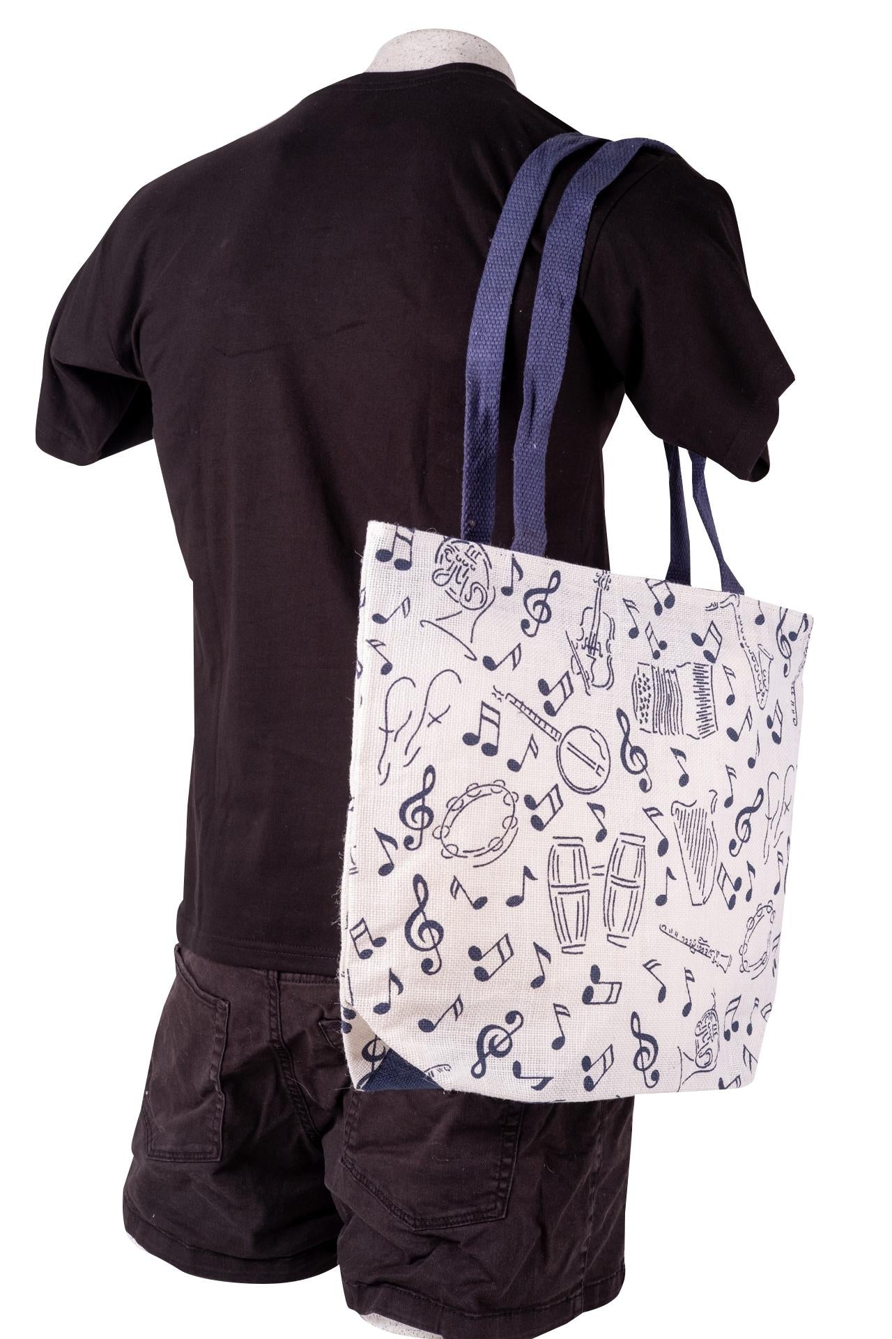 Jute tote bag with blue instruments and notes