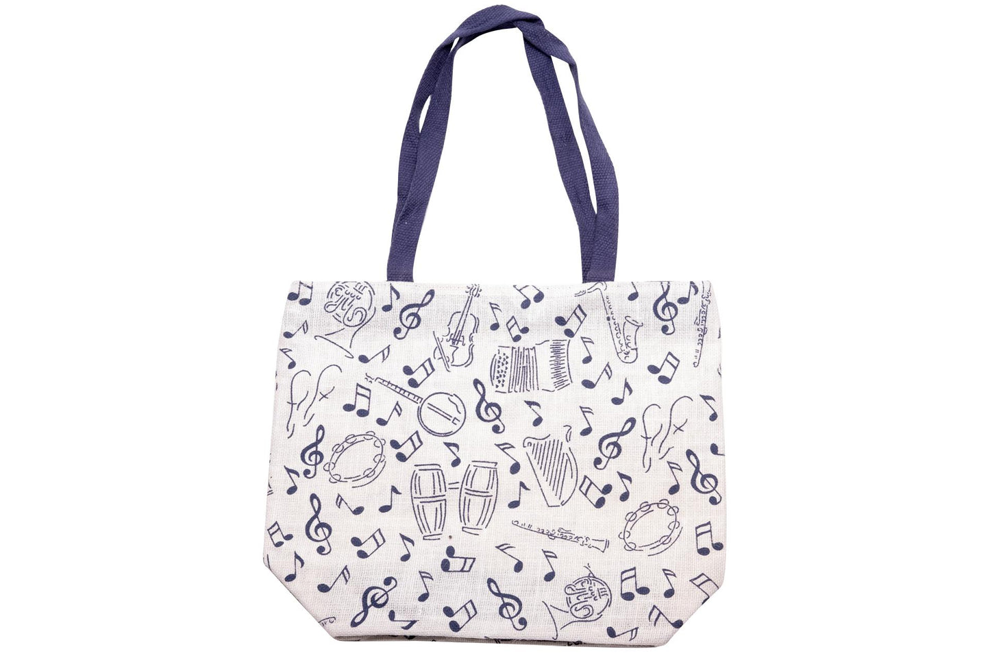 Jute-Henkeltasche mit blauen Instrumenten und Noten