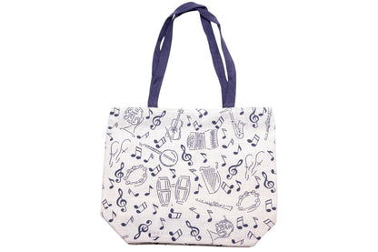 Jute-Henkeltasche mit blauen Instrumenten und Noten
