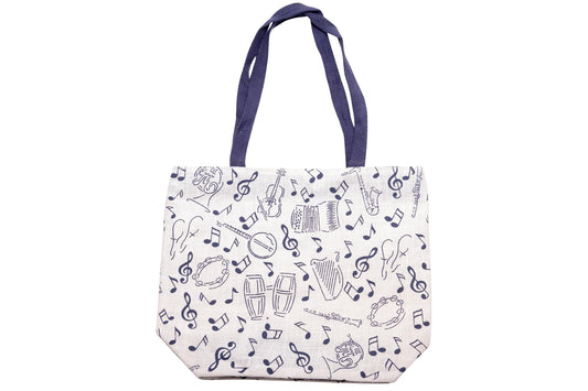 Jute-Henkeltasche mit blauen Instrumenten und Noten