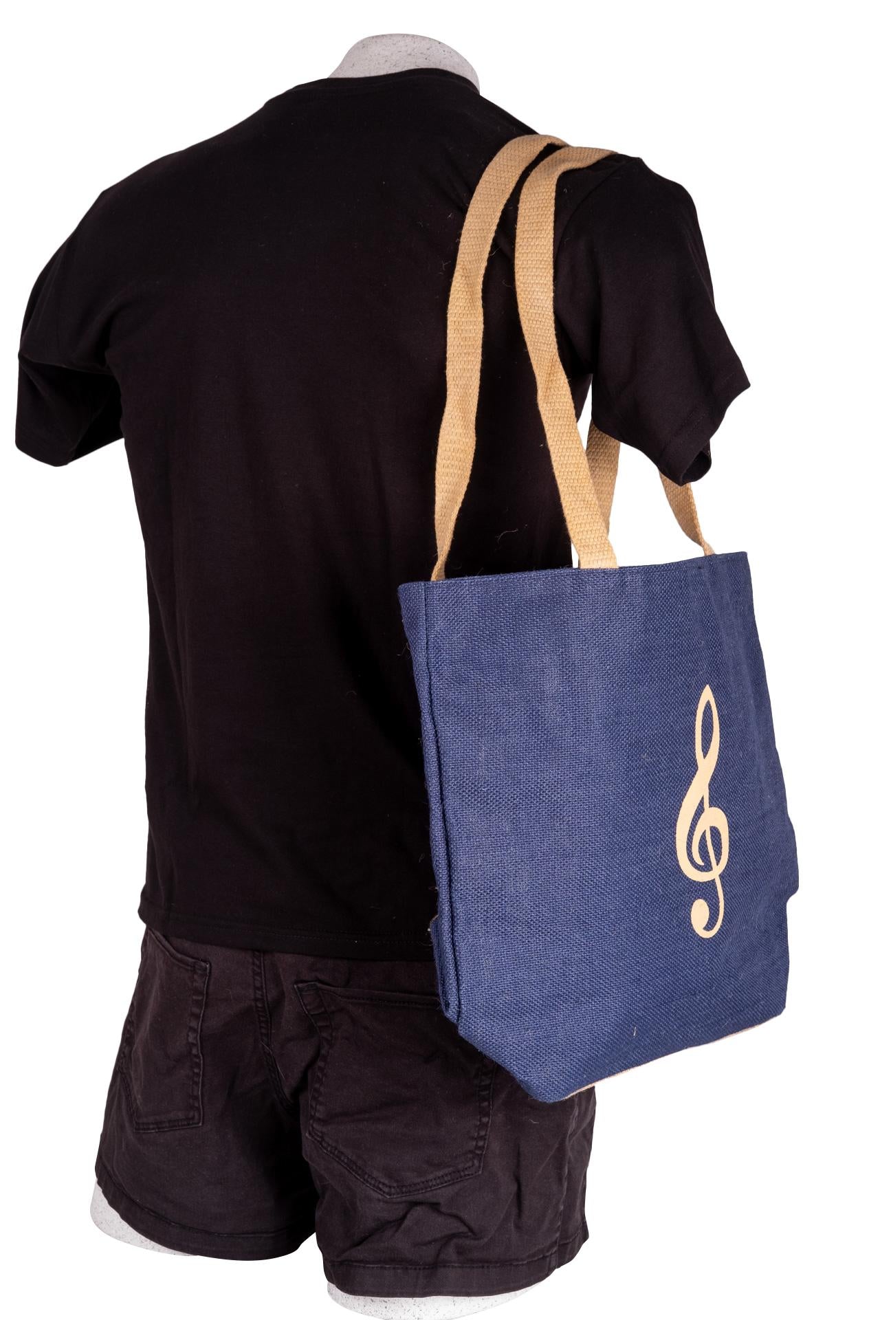 blue jute handle bag with treble clef