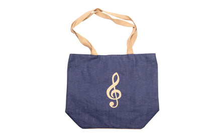 blue jute handle bag with treble clef