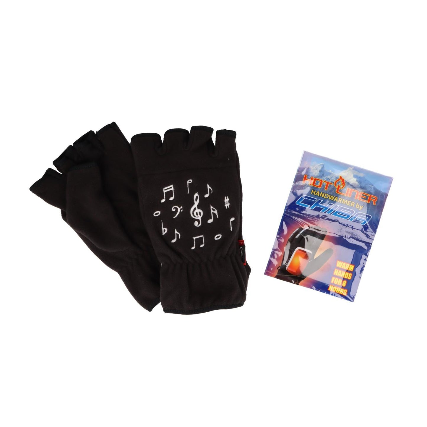 Music note motif fleece gloves, two sizes, short fingers, with heating pad - size: S/M