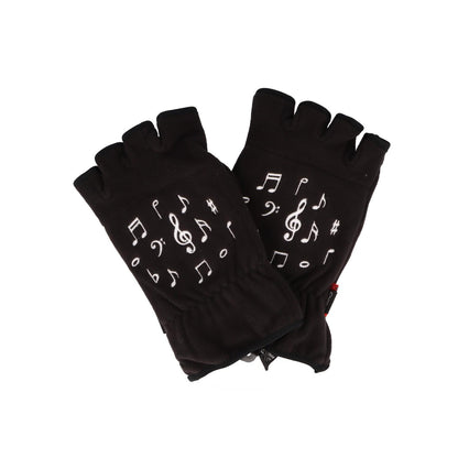 Music note motif fleece gloves, two sizes, short fingers, with heating pad - size: S/M