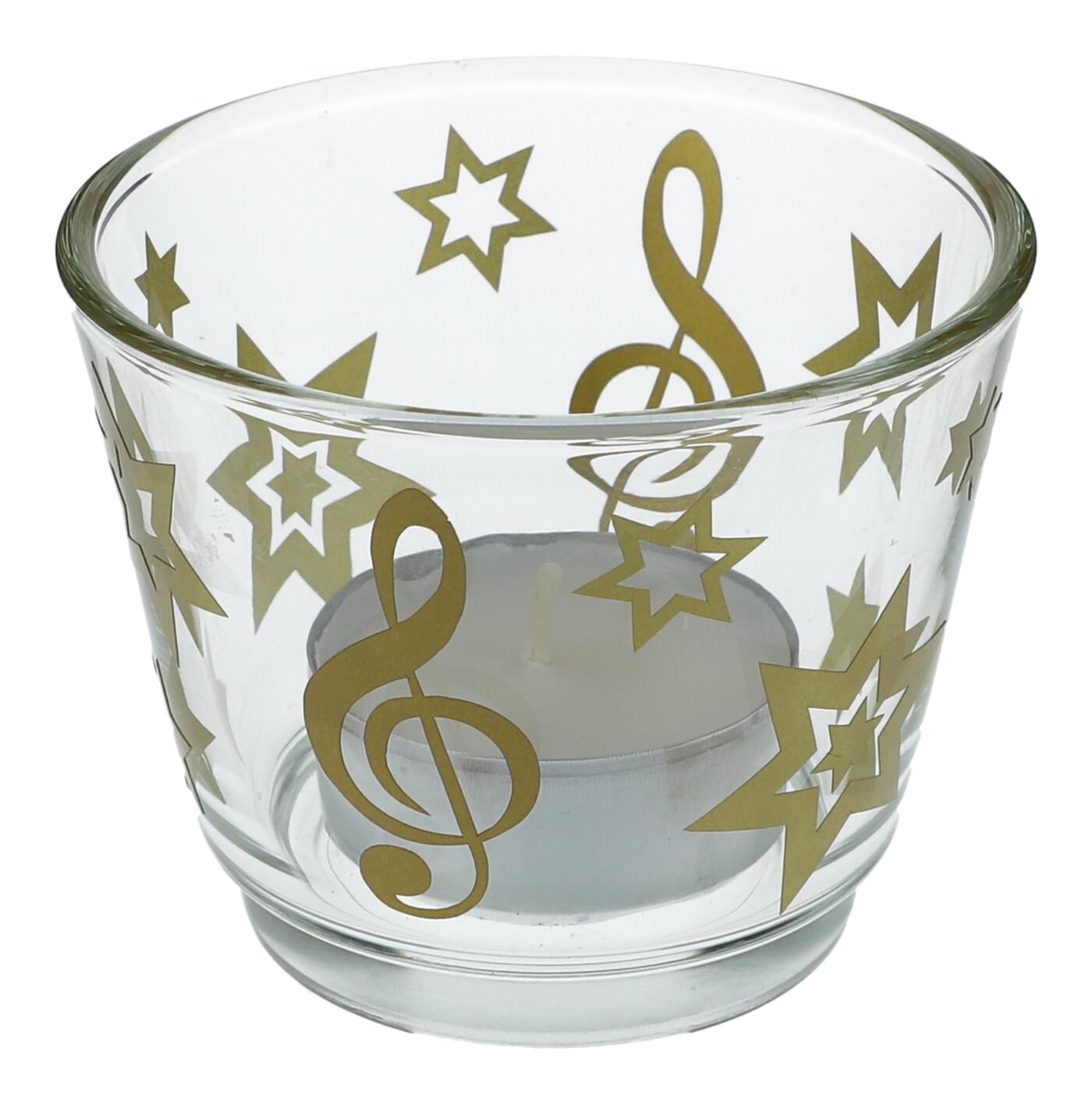 Christmas tealight glass with treble clef and stars in gold, lantern