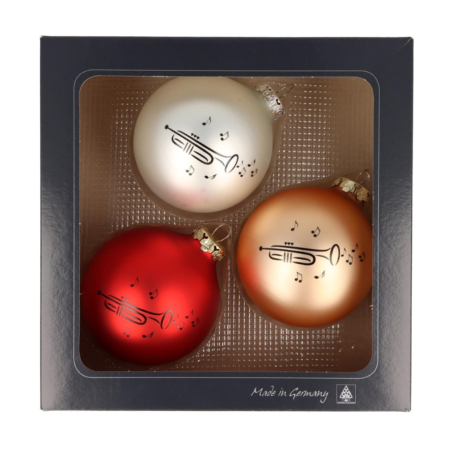 Set of 3 Christmas balls with trumpet print, various colors