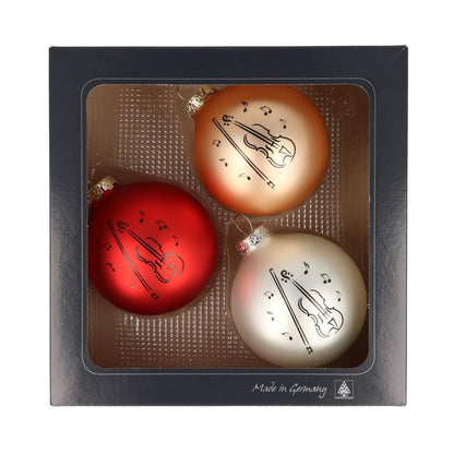 Set of 3 Christmas balls with violin print, various colors