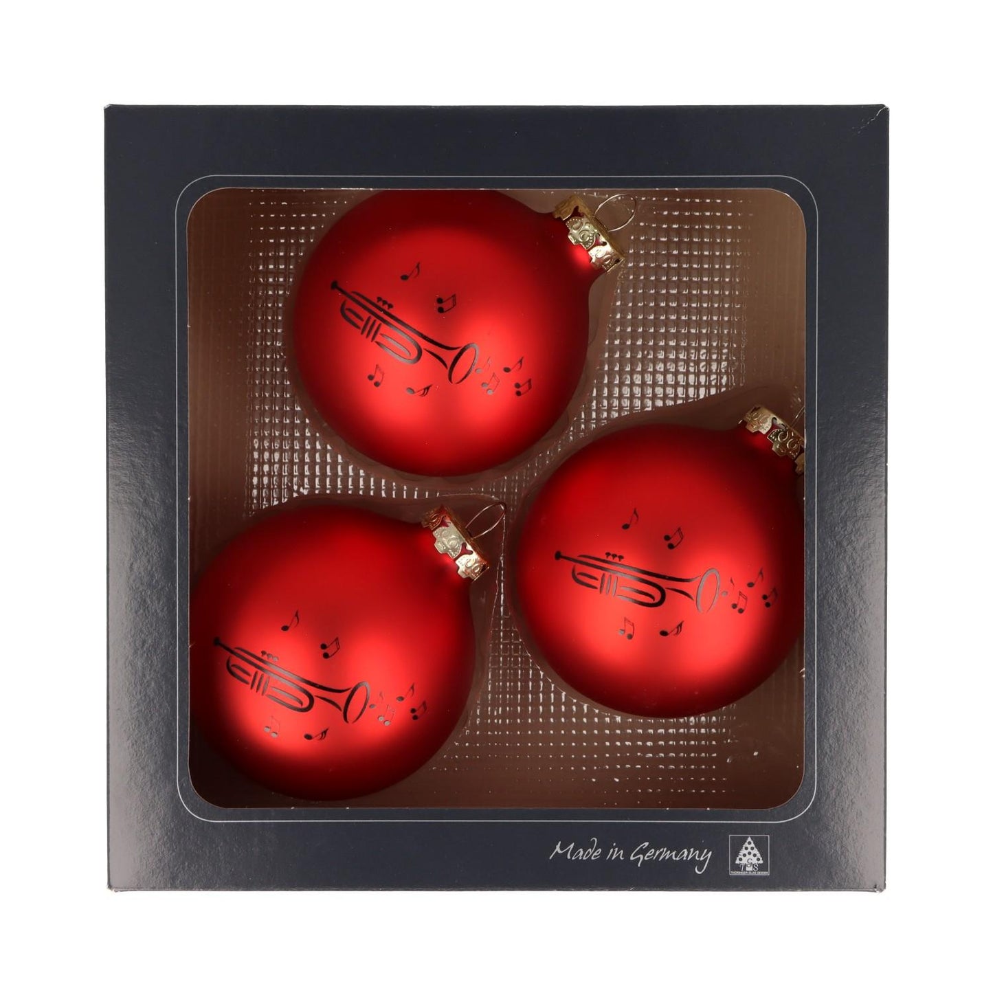 Set of 3 Christmas balls with trumpet print, various colors