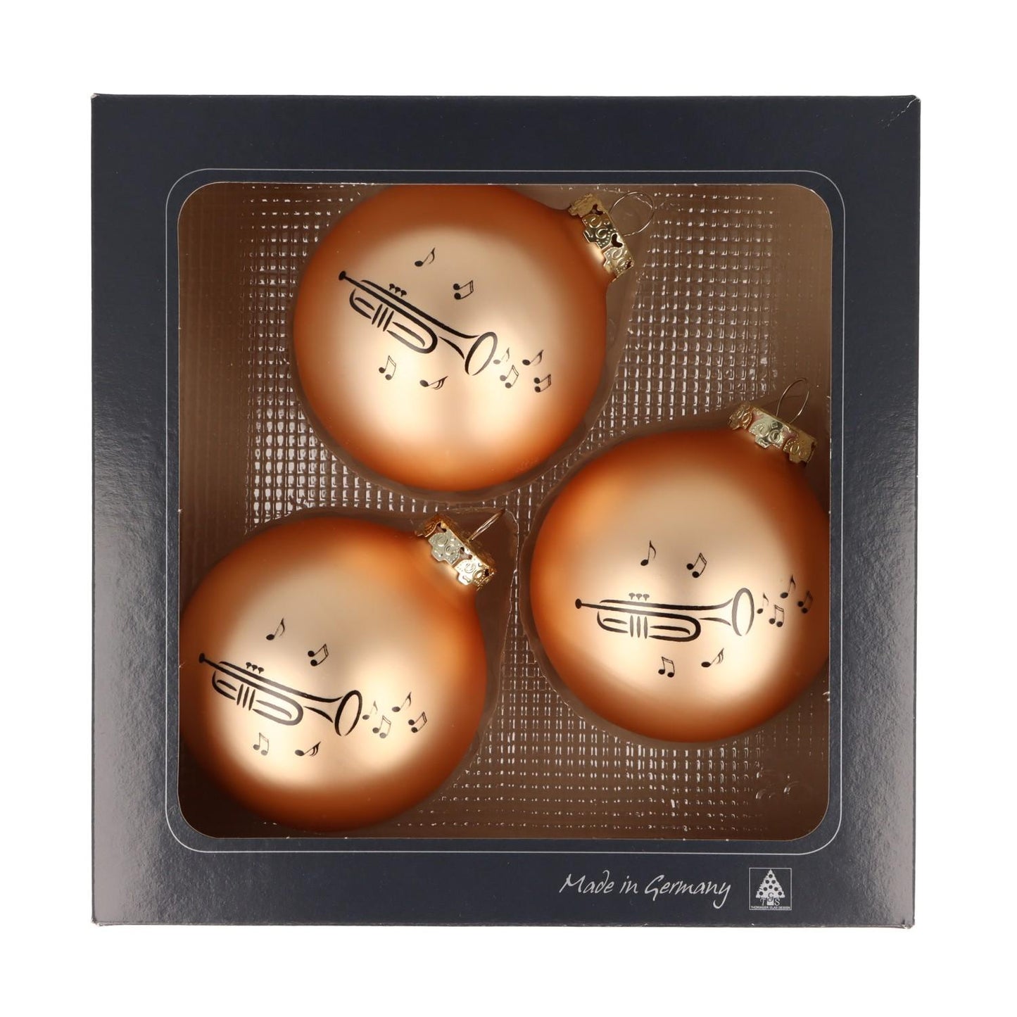 Set of 3 Christmas balls with trumpet print, various colors