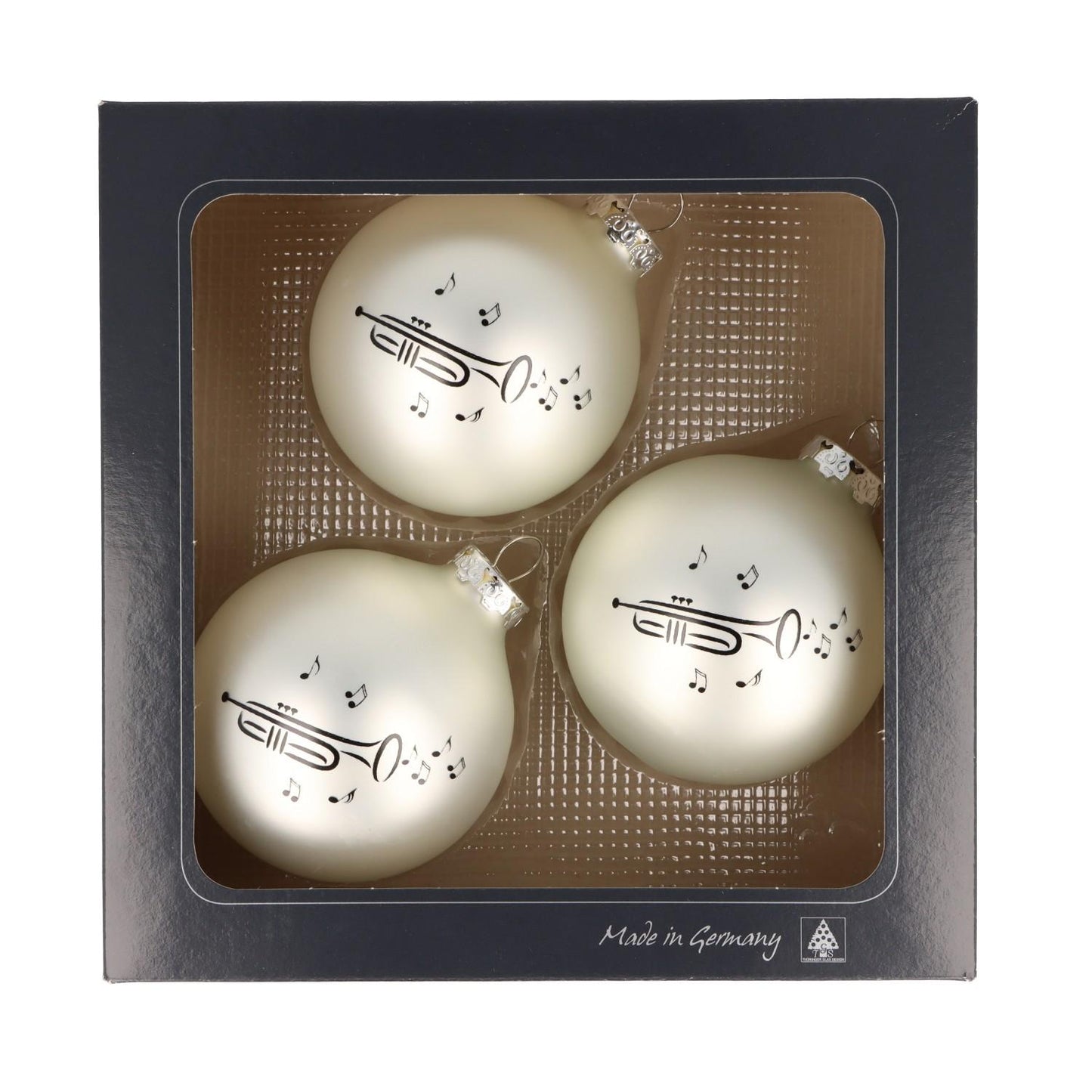 Set of 3 Christmas balls with trumpet print, various colors