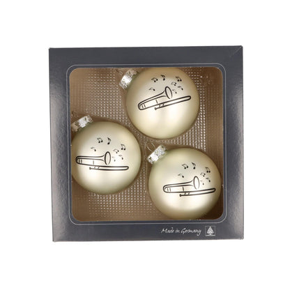 Set of 3 Christmas balls with trombone print, various colors