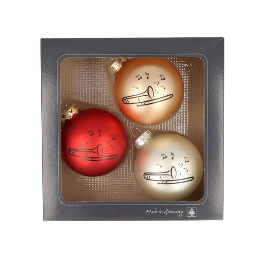 Set of 3 Christmas balls with trombone print, various colors