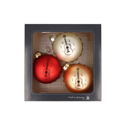3er-Set Weihnachtskugeln mit Konzertgitarre-Druck, verschiedene Farben