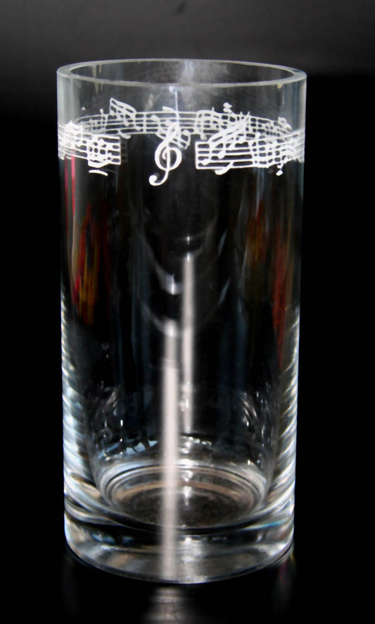 musical cylinder glass vase with engraved music band