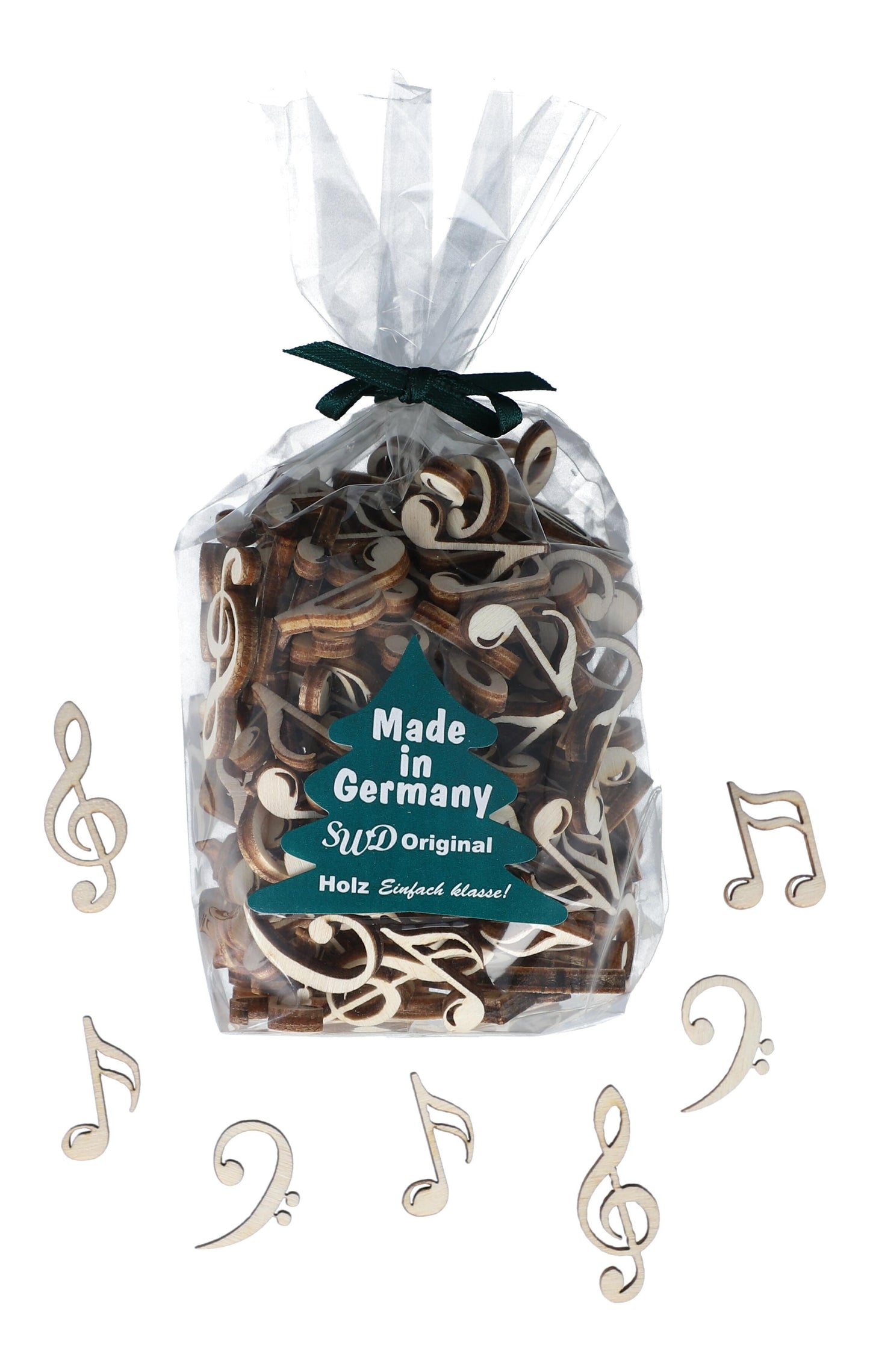 Holz-Streudeko als Noten, Violin- und Bassschlüssel, Tischdekoration