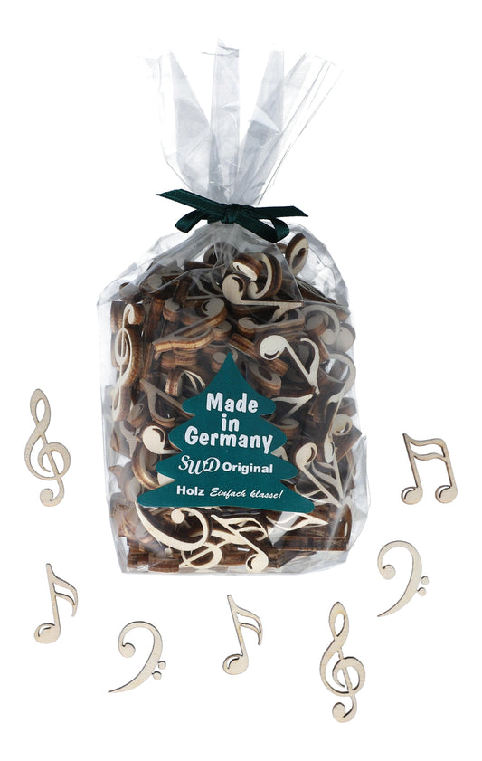 Holz-Streudeko als Noten, Violin- und Bassschlüssel, Tischdekoration