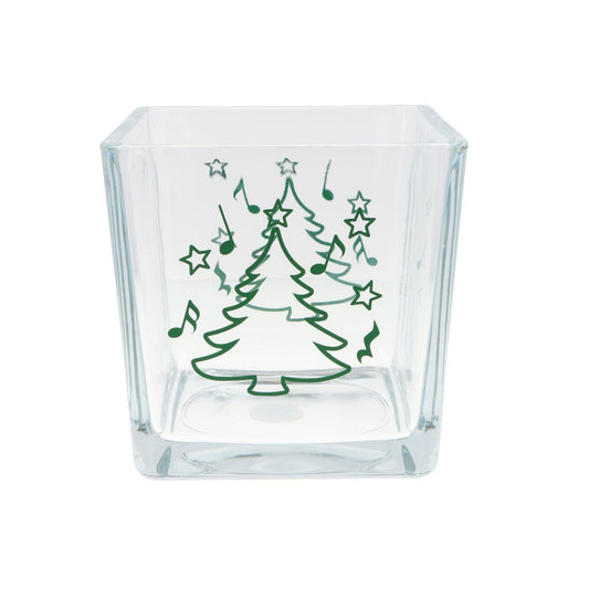 Weihnachtliche Glas-Vase mit Noten, Tannenbaum und Sternen