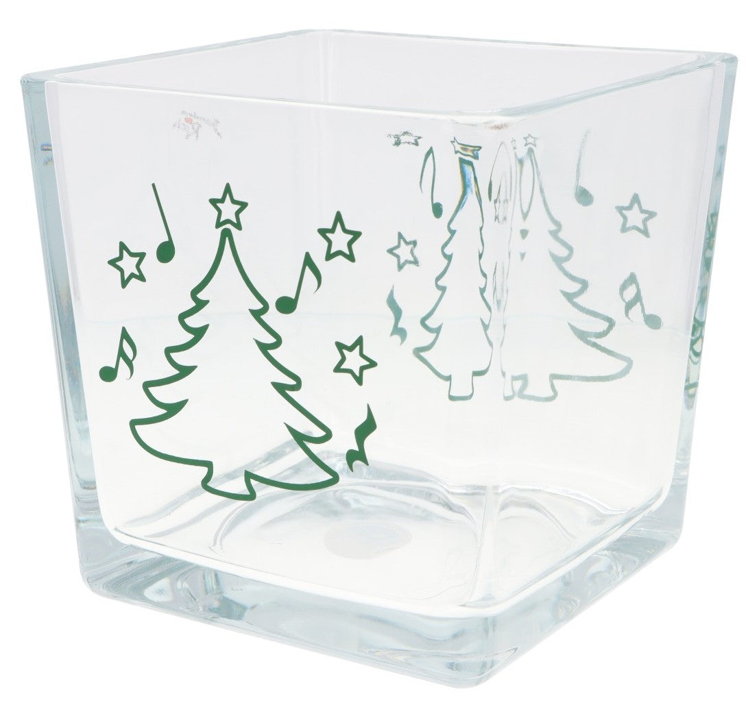 Weihnachtliche Glas-Vase mit Noten, Tannenbaum und Sternen