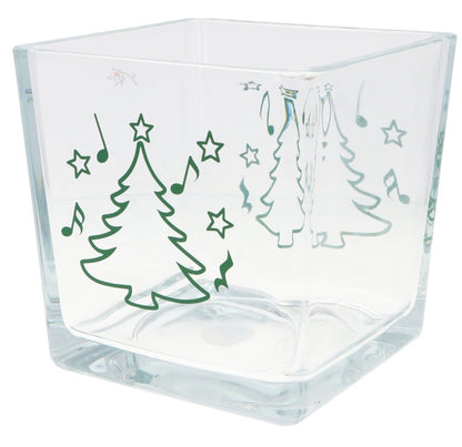 Weihnachtliche Glas-Vase mit Noten, Tannenbaum und Sternen