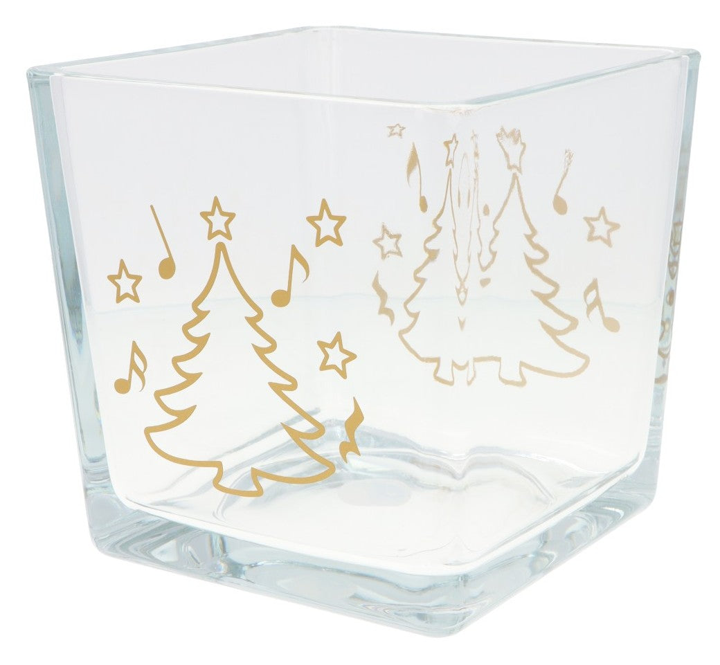 Weihnachtliche Glas-Vase mit Noten, Tannenbaum und Sternen