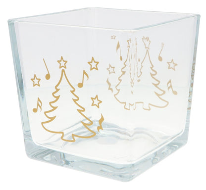 Weihnachtliche Glas-Vase mit Noten, Tannenbaum und Sternen