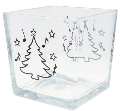 Weihnachtliche Glas-Vase mit Noten, Tannenbaum und Sternen