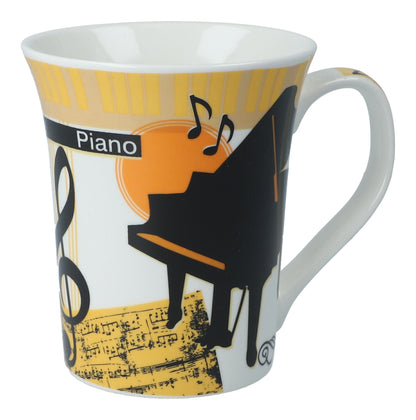 colorful instrument coffee mugs, guitars, piano or violin