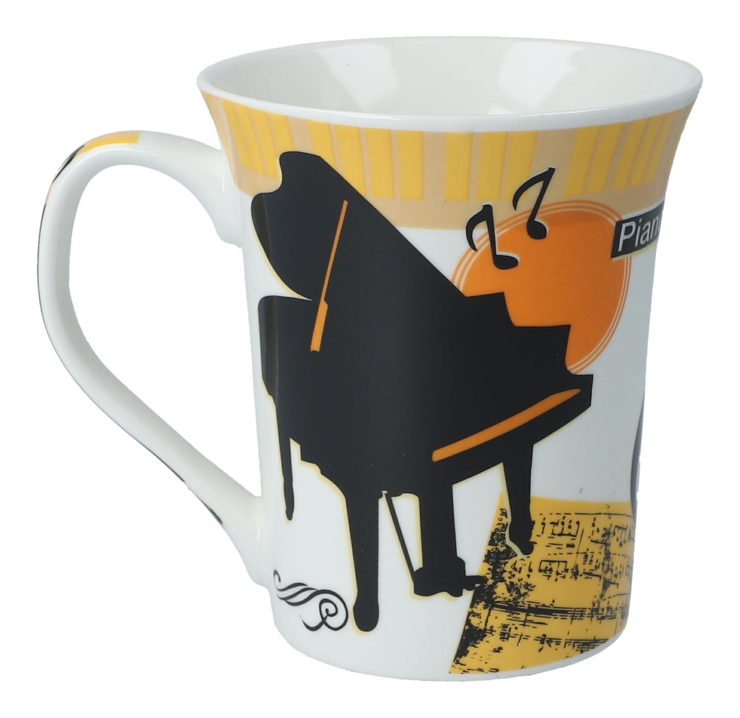 colorful instrument coffee mugs, guitars, piano or violin